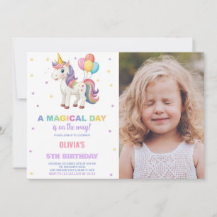 Rainbow Balloon Unicorn Birthday Invitations photo