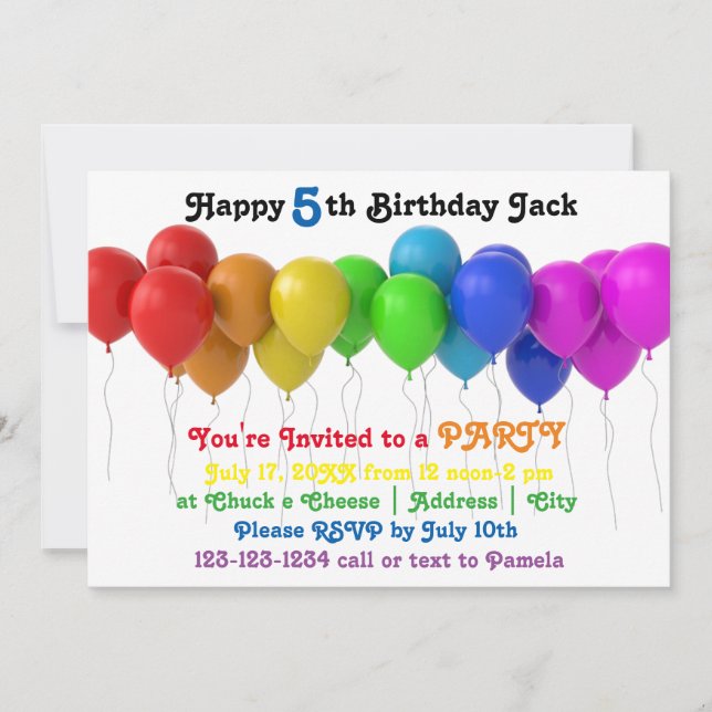 Rainbow Balloons Birthday Invitation (Front)