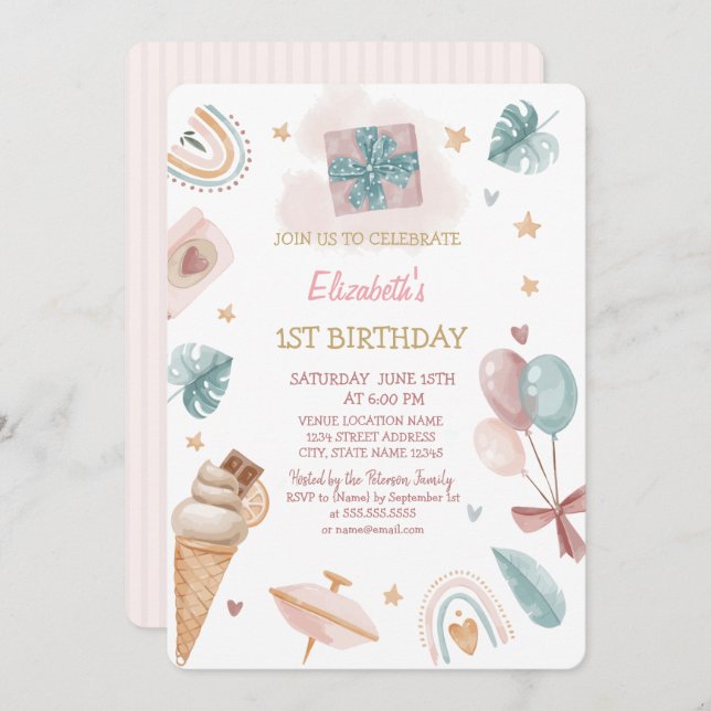 Rainbow,Balloons,Ice cream Striped Birthday   Invitation (Front/Back)