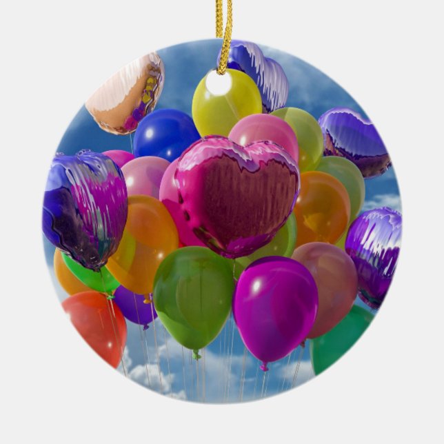 Rainbow Balloons in the Clouds Ceramic Ornament (Front)