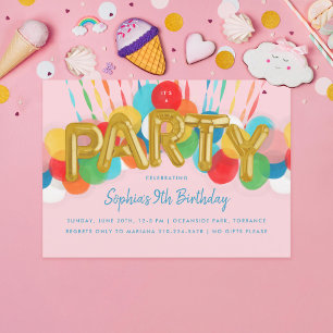 Rainbow Balloons Kids Birthday Party Invitation