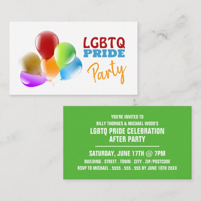 Rainbow Balloons, LGBTQ Pride Party Invite Card (Front/Back)