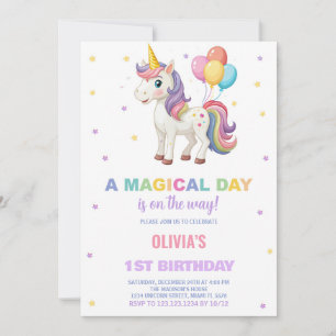 Rainbow Balloons Unicorn Birthday Invitations