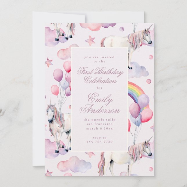 Rainbow Balloons Unicorn First Birthday Party Girl Invitation (Front)