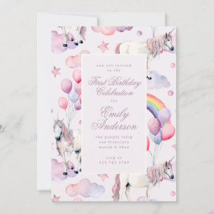 Rainbow Balloons Unicorn First Birthday Party Girl Invitation