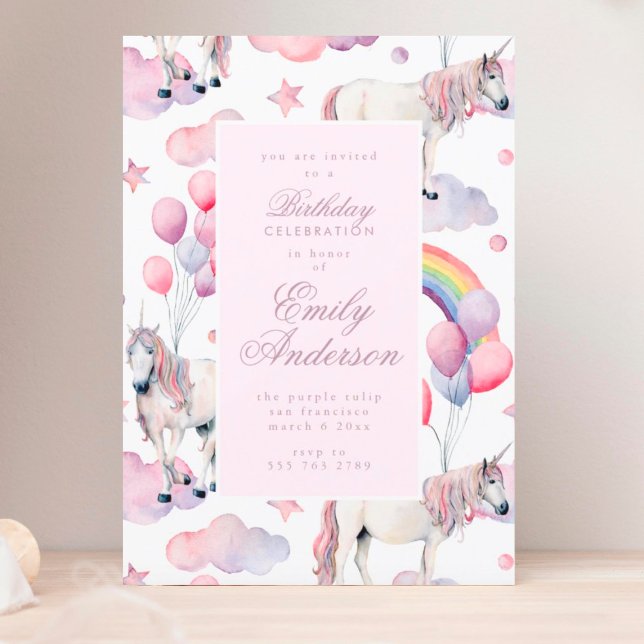 Rainbow Balloons Unicorn Pink Birthday Party Girl Invitation (Creator Uploaded)