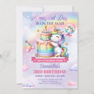 Rainbow Balloons Unicorn Pink girls third Birthday Invitation