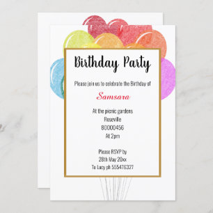 Rainbow Balloons White Birthday Invitation