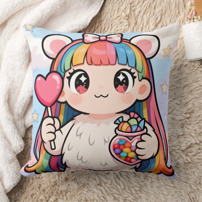Rainbow Bear Girl Candy Pop Pillow (Blanket)