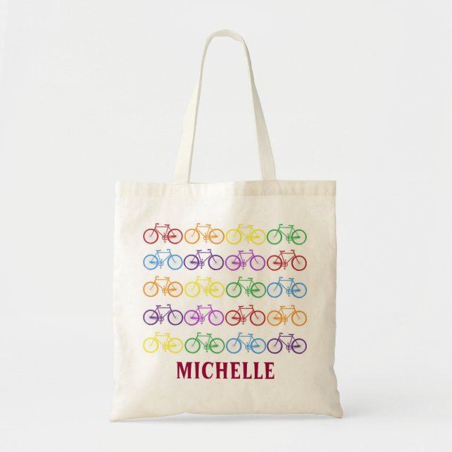 Rainbow Bicycle Cyclist Name Personalised Tote (Front)