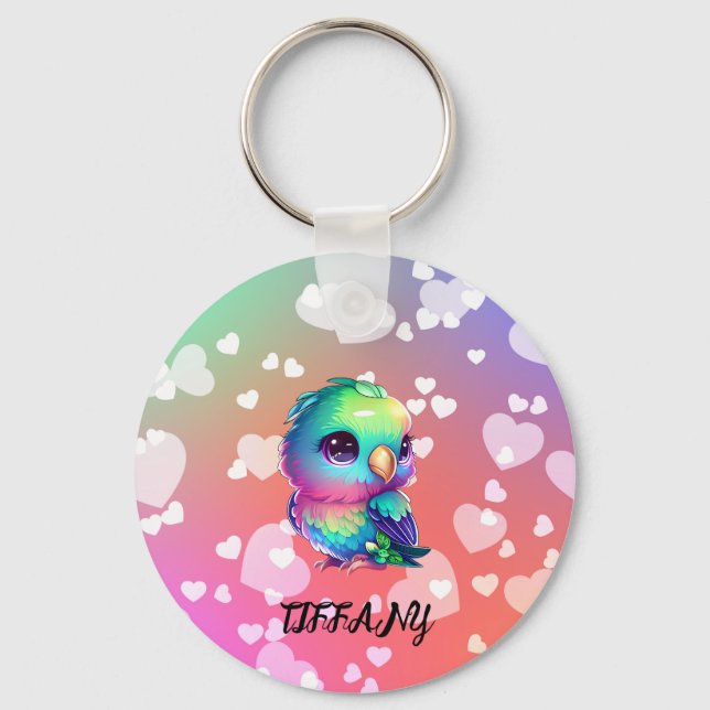 Rainbow bird & hearts  keychain (Front)