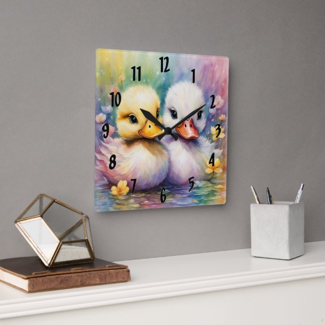 Rainbow Birds Duck 2 Square Wall Clock (Office)