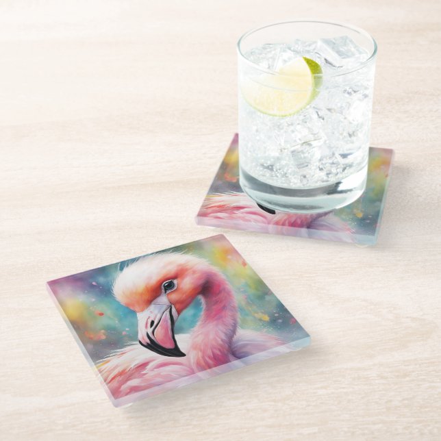 Rainbow Birds Flamingo 2 Glass Coaster (Angled)