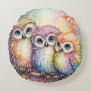 Rainbow Birds Owls 1 Round Cushion