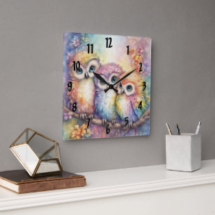 Rainbow Birds Owls 1 Square Wall Clock