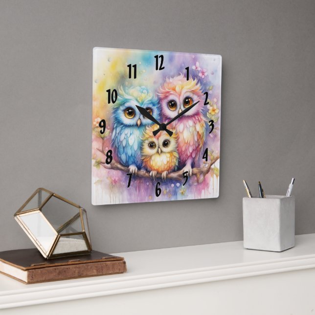 Rainbow Birds Owls 5 Square Wall Clock (Office)