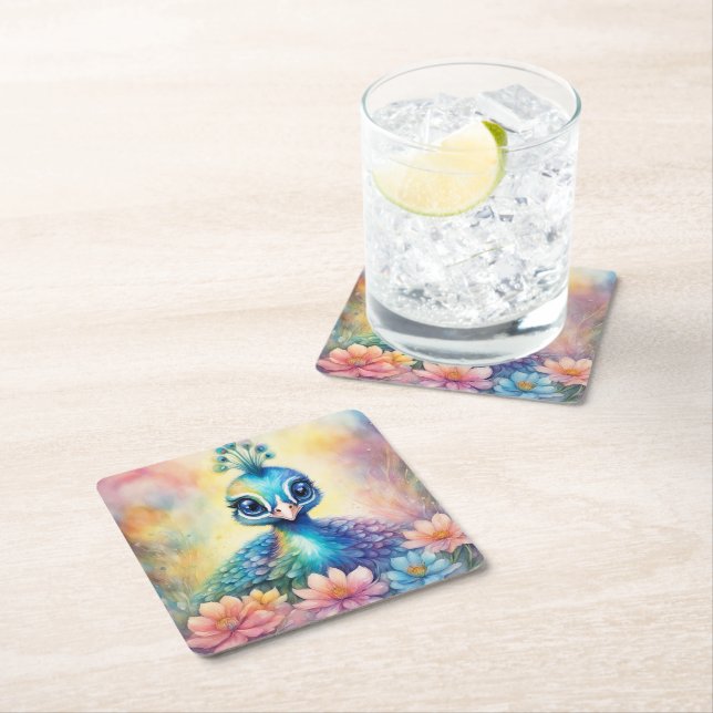 Rainbow Birds Peacock 1 Square Paper Coaster (Insitu)