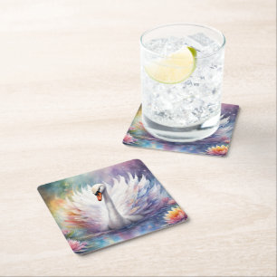 Rainbow Birds Swan 1 Square Paper Coaster