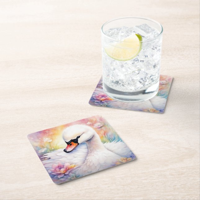 Rainbow Birds Swan 3 Square Paper Coaster (Insitu)