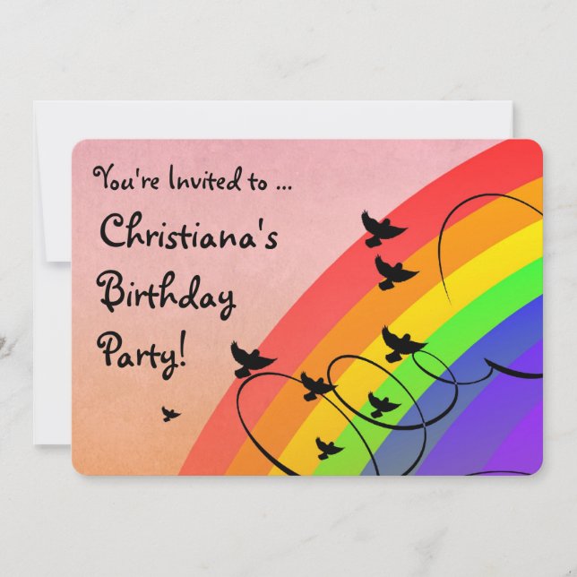 Rainbow Birds Swirls Birthday Party Invitation (Front)