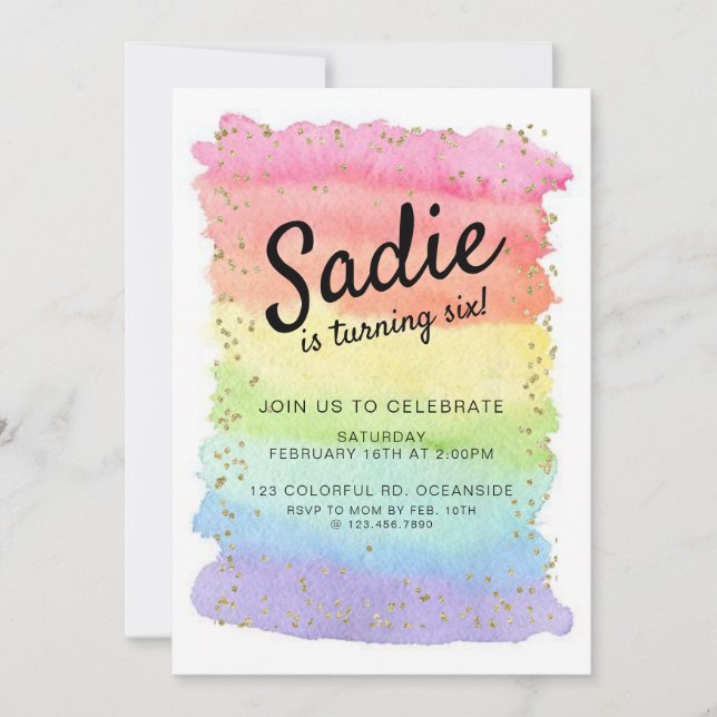 RAINBOW BIRTHDAY, ANY AGE, GIRL PARTY INVITATION (Front)