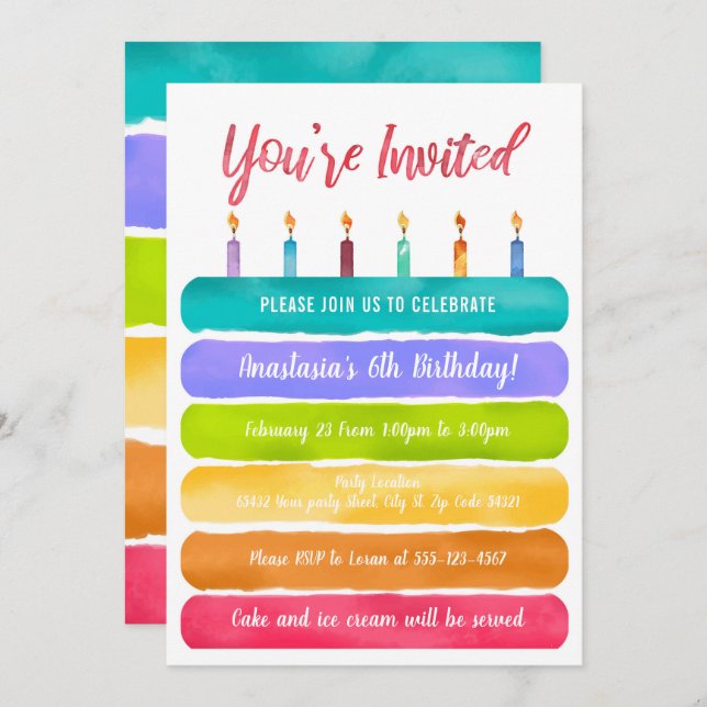 Rainbow Birthday Cake Party Invitation (Front/Back)