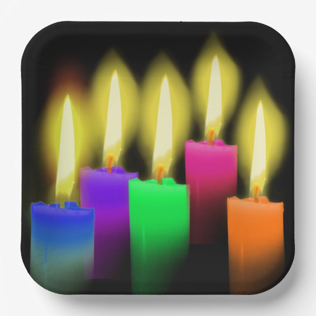 Rainbow Birthday Candles On Black Paper Plate (Front)