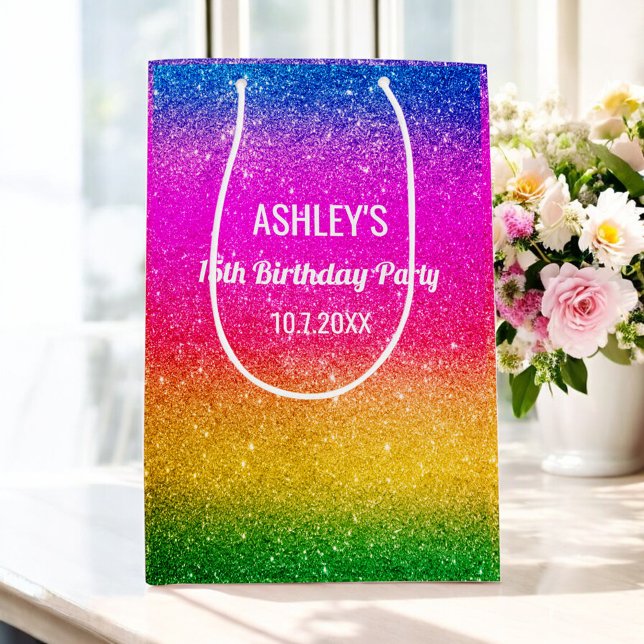Rainbow Birthday Green Pink Yellow Glitter Medium Gift Bag (Creator Uploaded)