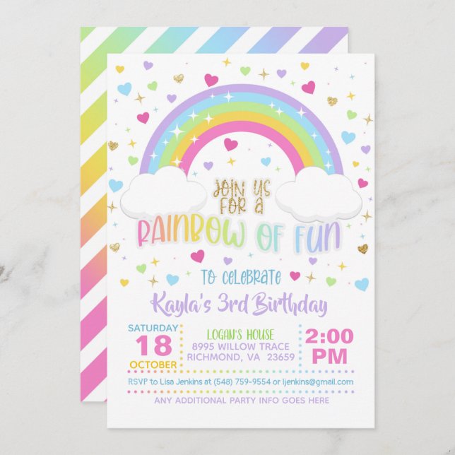 Rainbow Birthday Invitation - Girl Pastel (Front/Back)