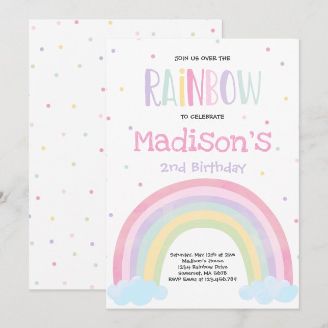 Rainbow Birthday Invitation Pastel Rainbow Party (Front/Back)