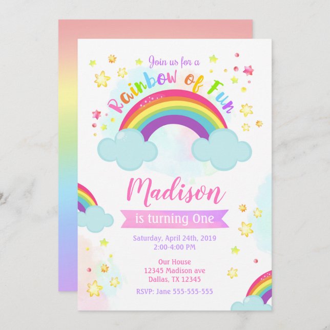 Rainbow Birthday Invitation, Rainbow of Fun Invitation (Front/Back)