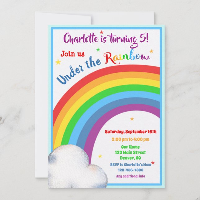 Rainbow birthday invitation Under the rainbow (Front)