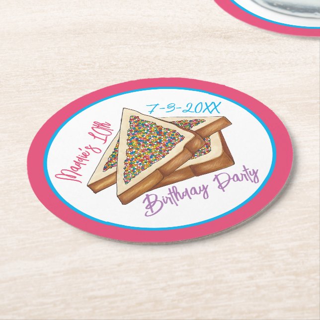 Rainbow Birthday Party Australian Fairy Bread Food Round Paper Coaster (Angled)