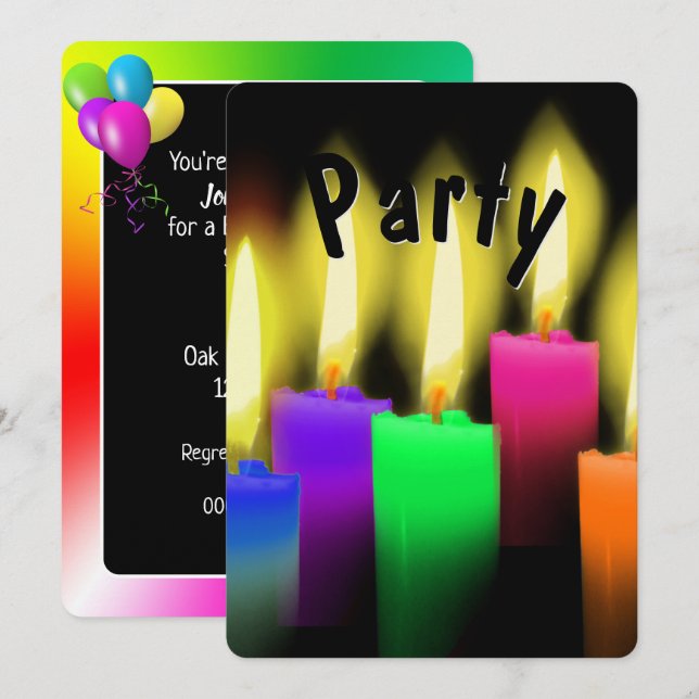 Rainbow Birthday Party Candles On Black Invitation (Front/Back)