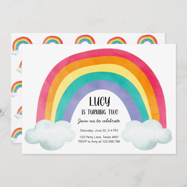 Rainbow Birthday Party Clouds Watercolor Girl Invitation (Front/Back)