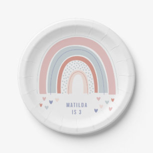 Rainbow birthday party decor in pink purple + blue paper plate