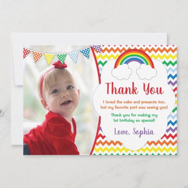 Rainbow Birthday Party Thank You Card with Photo (Front)