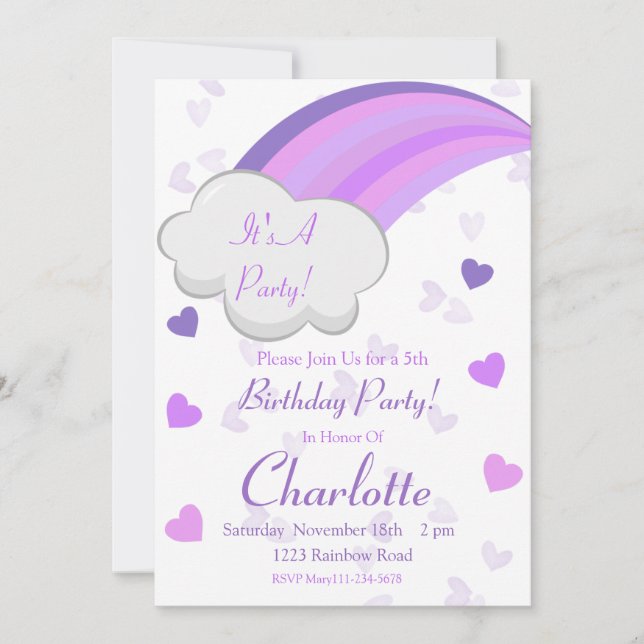 Rainbow Birthday, Rainbow Party, Purple Rainbow Invitation (Front)