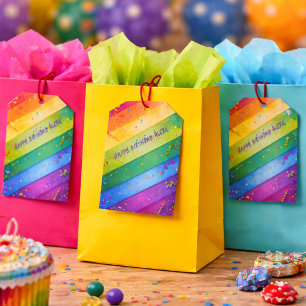 Rainbow Birthday Stripes Confetti Party Gift Tags