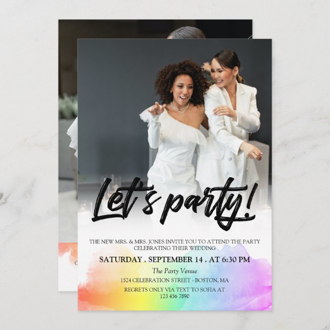 Rainbow Black Brush Script Let's Party Photo Invitation (Front/Back)
