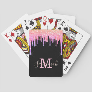 Rainbow black glitter gold sparkle monogram playing cards