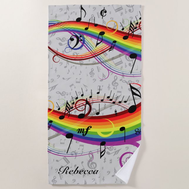 Rainbow Black Musical Notes on Grey Beach Towel (Front)