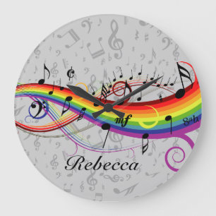 Rainbow Black Musical Notes on Grey Large Clock