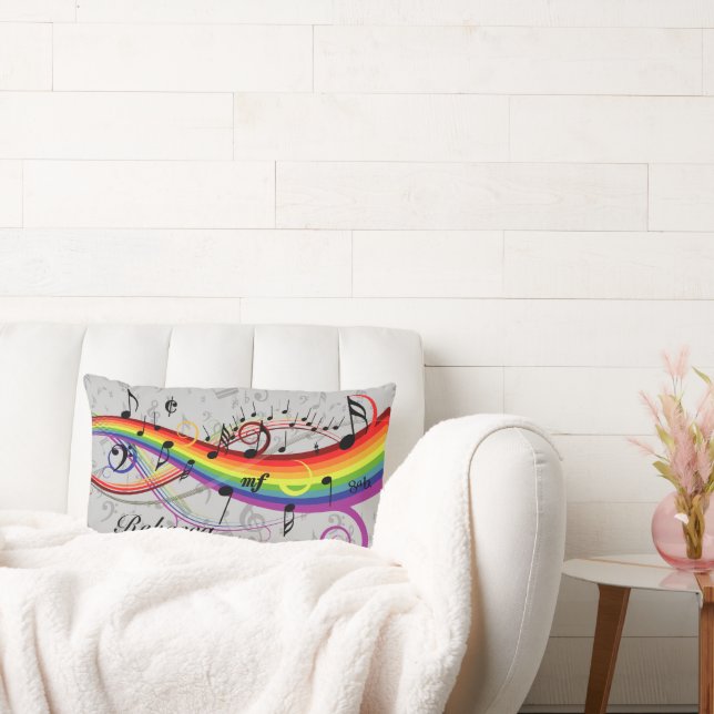 Rainbow Black Musical Notes on Grey Lumbar Cushion (Couch)