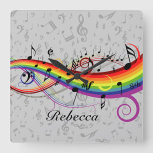 Rainbow Black Musical Notes on Grey Square Wall Clock