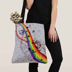 Rainbow Black Musical Notes on Grey Tote Bag