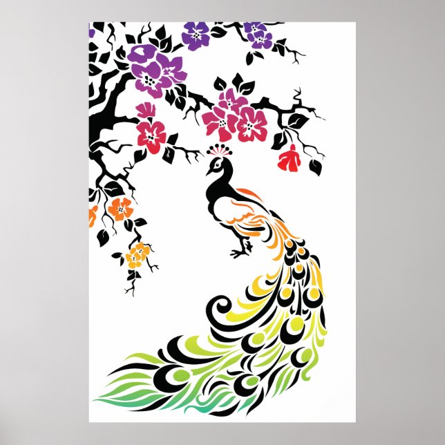 Rainbow, black peacock and cherry blossoms poster (Front)