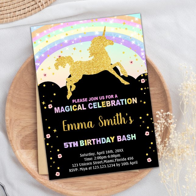 Rainbow Black Unicorn Birthday Invitations (Rainbow Black Unicorn Birthday Invitations)