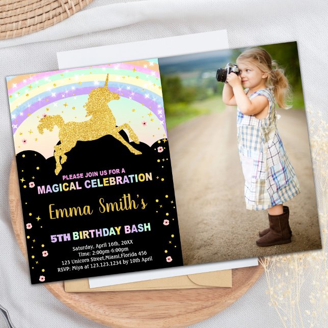 Rainbow Black Unicorn Birthday Invitations w photo (Rainbow Black Unicorn Birthday Invitations w photo)