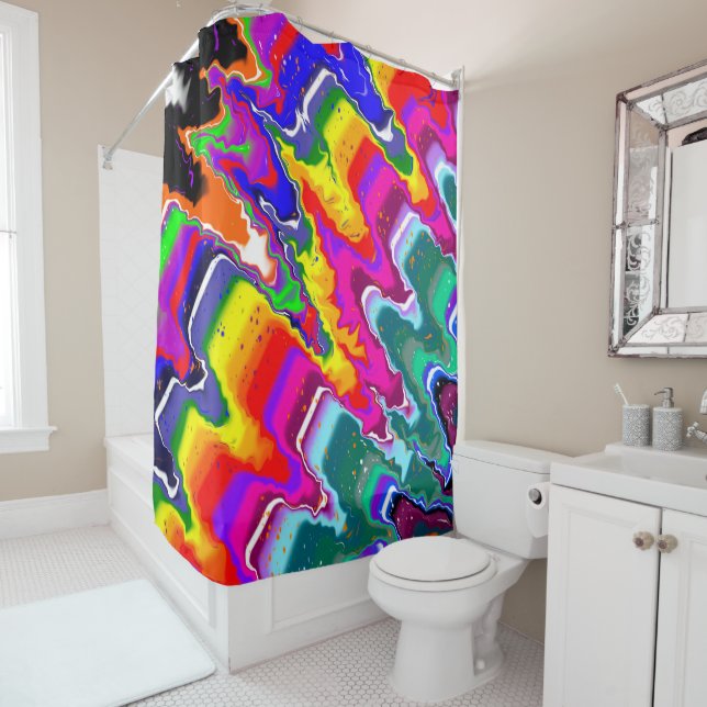 Rainbow Blip Colour Burst Fluid Art Shower Curtain (In Situ)